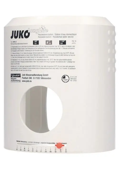Judo Gehäusedeckel für Wassergerät, mit rundem Fenster und skaliertem Rückspülintervall, fünf Minuten und Monate entlang der unteren Kante markiert.